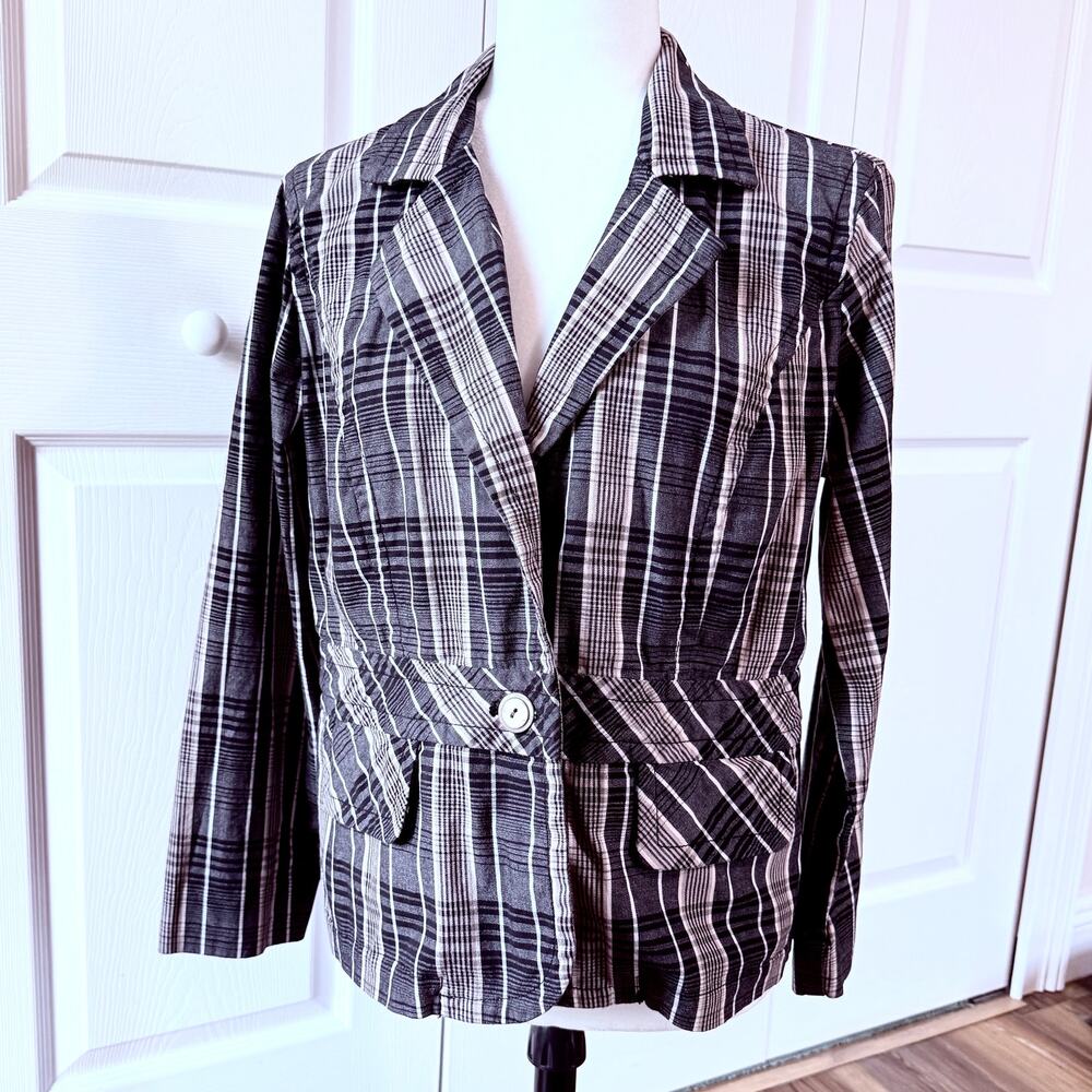 Christopher & Banks Plaid Blazer Jacket Size Large Stretch Cotton Blend 1-Button